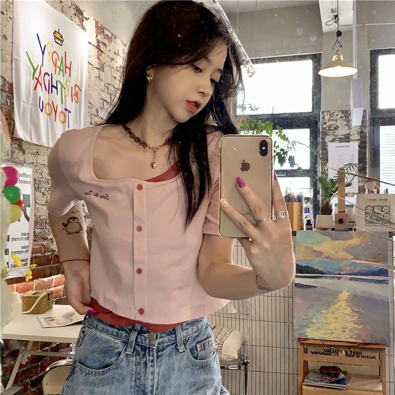Áo Thun Tay Ngắn Giả Hai Lớp Phong Cách Hàn Quốc 185275 Áo Thun Ngắn Tay Thời Trang Mùa Hè