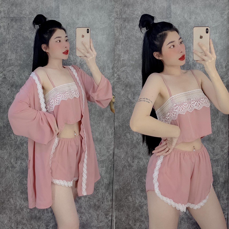 Bộ ngủ sexy combo ba món ,áo choàng ,áo ,quần sexy có phối gen sang chảnh chất lụa tơ tầm fom dưới 58 kg siêu sexy | BigBuy360 - bigbuy360.vn