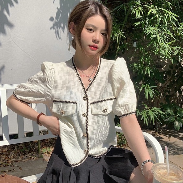 Áo dệt kim ZHELIHANGFEI tay ngắn cổ chữ V thời trang xinh xắn cho nữ