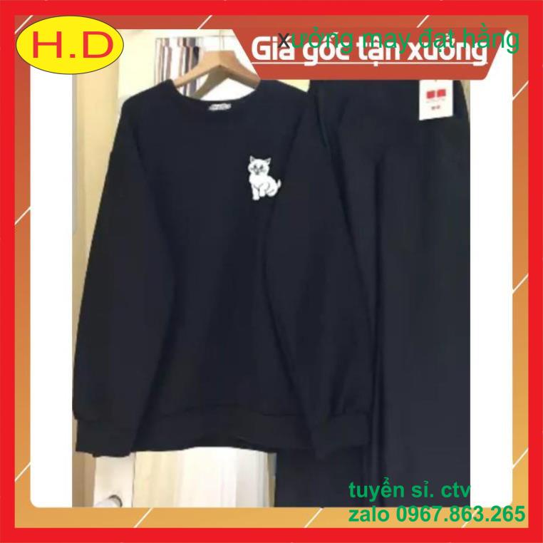 Bộ Set nữ Quần ống rộng vải sạn + Áo Sweater  mèo con Unisex Nỉ lót bông chuẩn ảnh - Bộ Nỉ Đôi - Set Nỉ Đẹp HotTrend