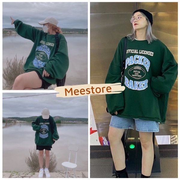 Áo Nỉ Packer Nữ MEESTORE - Sweater Dáng Rộng Tay Bồng, Hoodie In Chữ Màu Xanh Lá Hottrend Phong Cách Hàn Quốc