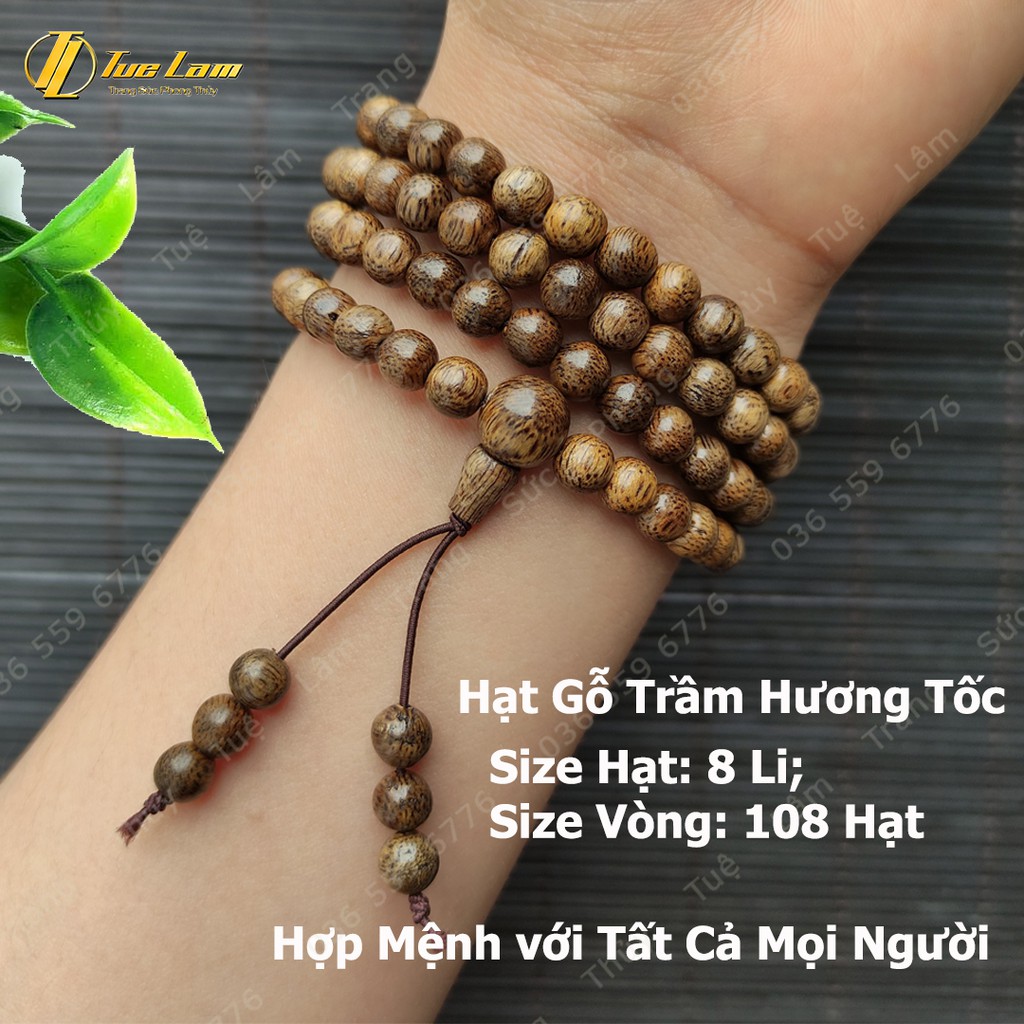 Vòng Tay Chuỗi 108 Hạt Gỗ Trầm Hương Tốc Size 8 Li Mùi Thơm Nhẹ Nhàng - DIY Tuệ Lâm