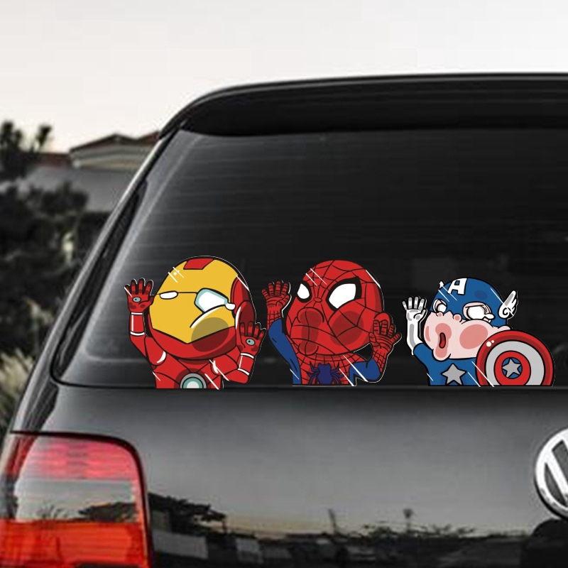 Funny Cartoon Marvel Avengers Super Hero Car Sticker  Superman Spiderman Hit The Window Decal