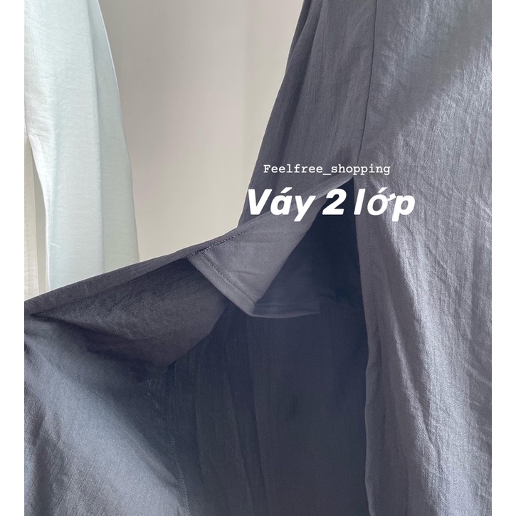 váy xẻ tả chỉnh ngực cổ vuông trễ vai trắng đen D049