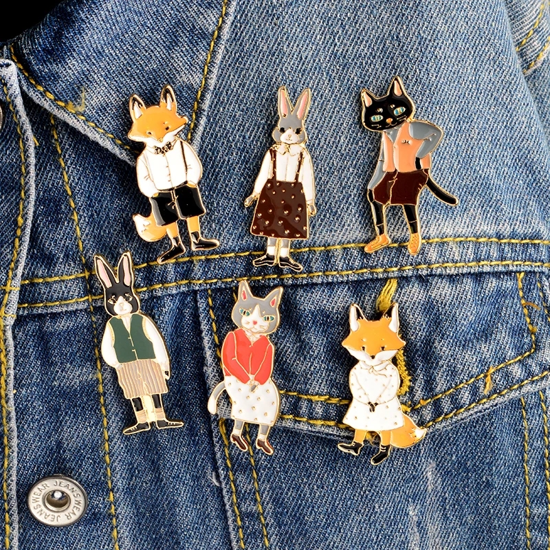 Cartoon Rabbit Kitten Fox Cat Animal Jacket Brooch/Couple Collar Enamel Badge Pin/Button Lapel Jewelry Hat Backpack Accessories