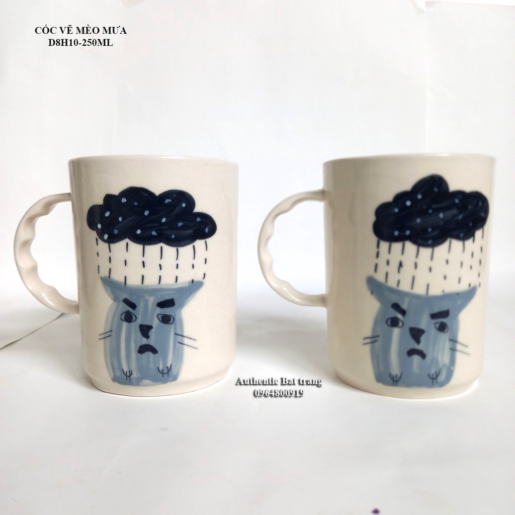 SIÊU ĐÁNG YÊU Cốc sứ trụ quai D8H10cm 250ml, vẽ tay thủ công- Dùng uống nước, uống trà, cà phê đá - Authentic Bát tràng