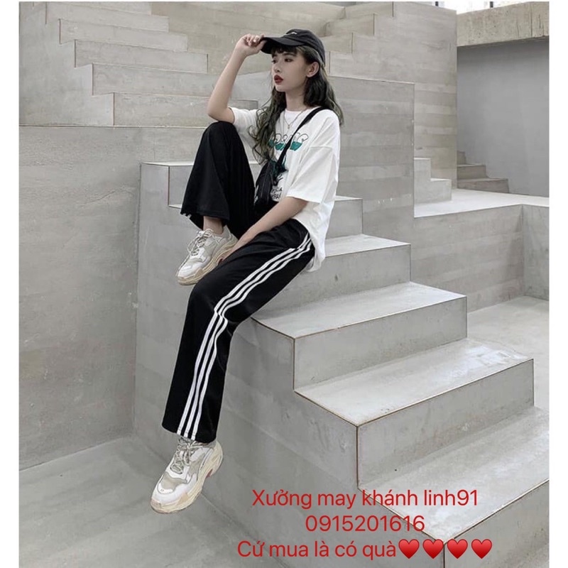 Quần 3 Sọc Ống Rộng Thể Thao Unisex [FREESHIP]  Culottes kẻ trắng dáng suông cạp chun basic Ulzzang SIÊU HOT