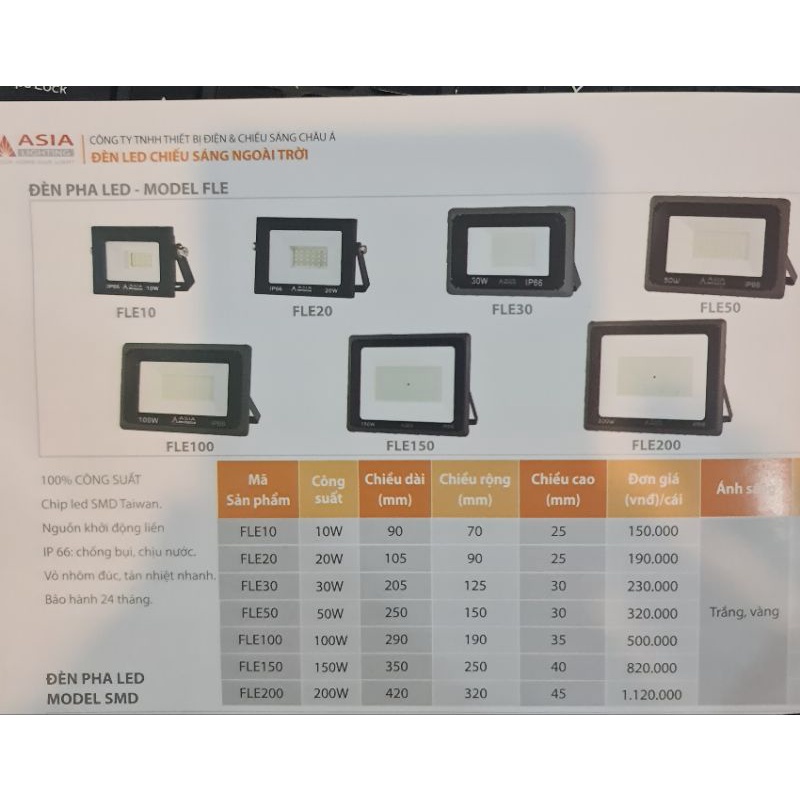 Đèn Pha Led  Asia, 100w, 150w, 200w Model FLE chống nước IP66, bảo hành 2 năm chính hãng