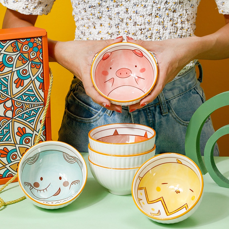 [TẶNG KÈM 6 ĐÔI ĐŨA]Bộ 6 chén ăn cơm gốm sứ in họa tiết đáng yêu, họa tiết thổ cẩm....sang trọng đẹp mắt