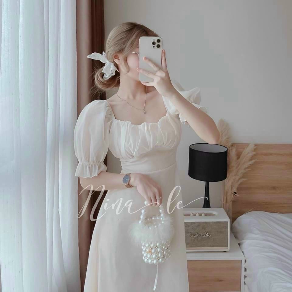 Váy Đầm Dự Tiệc Sang Trọng Xoè tTiểu Thư Nhún Ngực Tay Bo Bồng Chất Voan Xốp Mịn