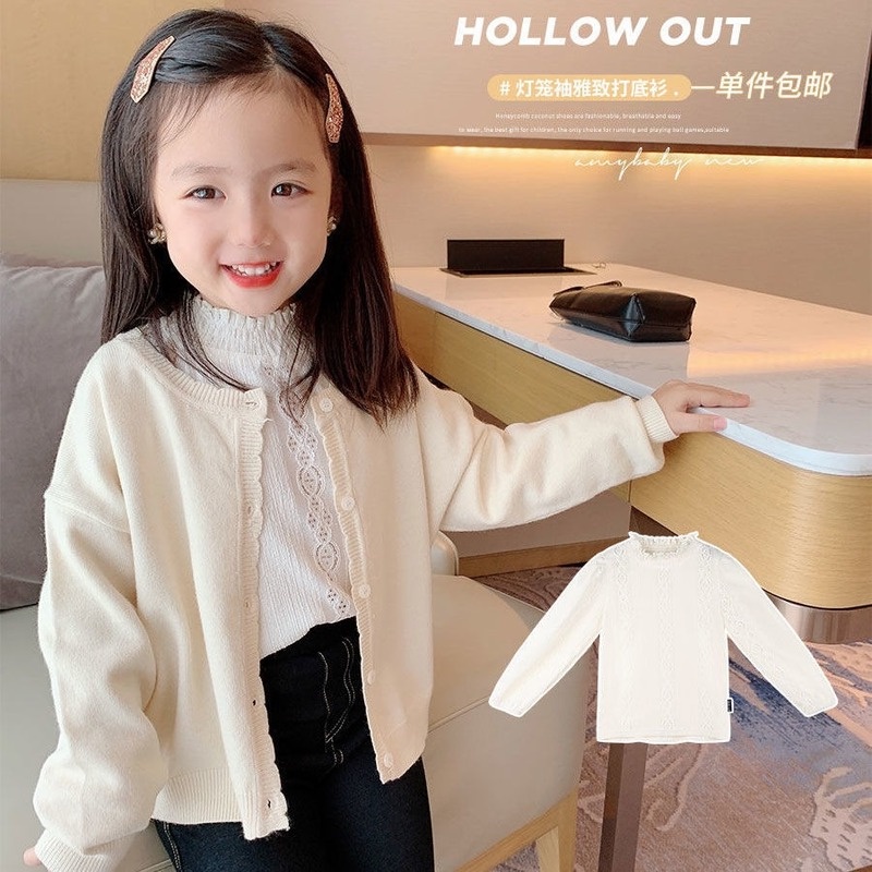 Áo thun cổ phối ren thời trang mùa thu hàn quốc dành cho bé gái