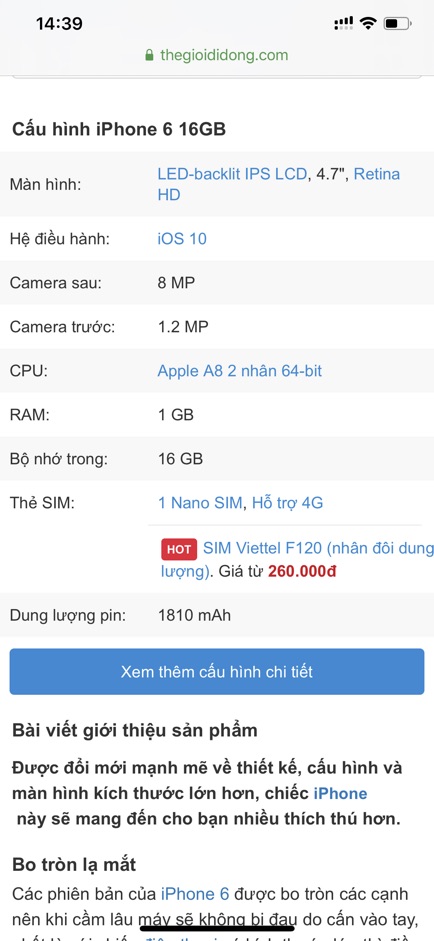 Điện Thoại Apple Iphone 6 16GB. Hàng chính hãng, like new đẹp 90-95%.