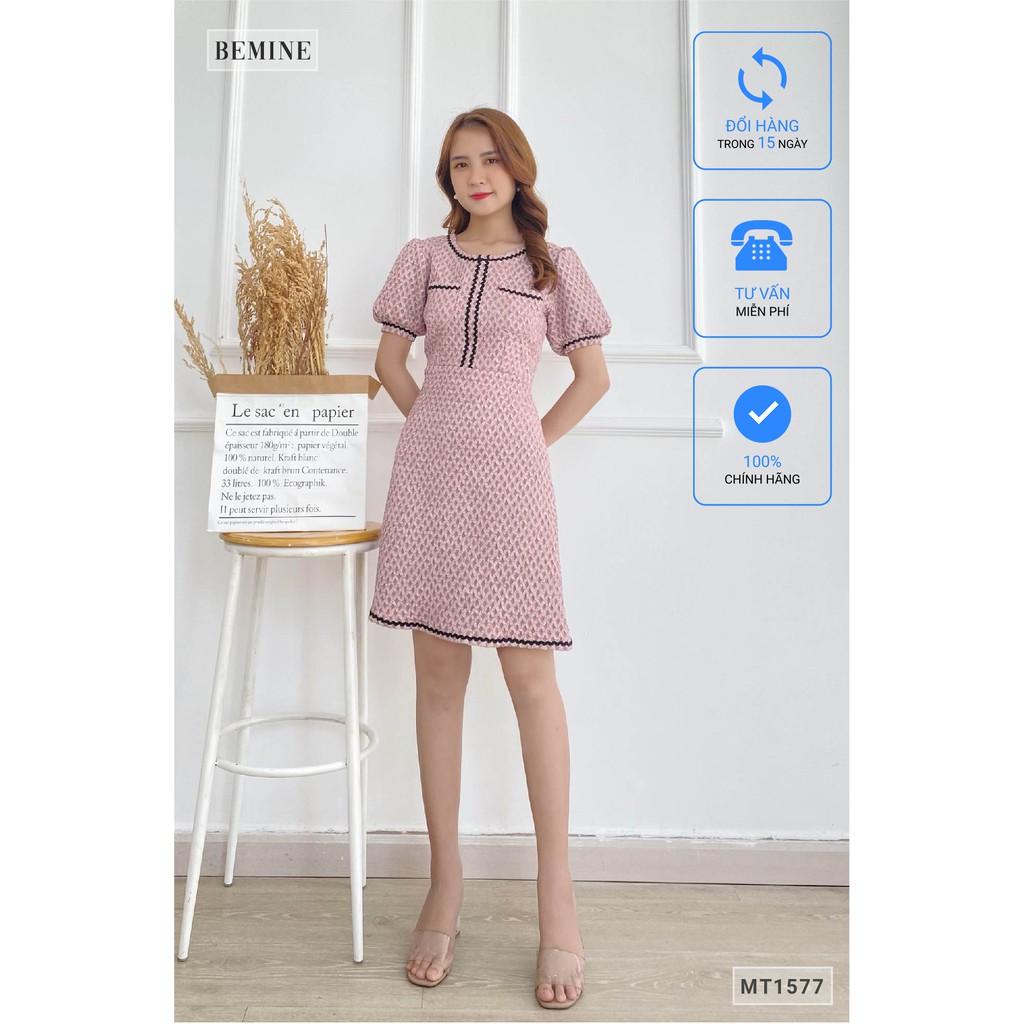 [Mã WABRWA15 giảm 15% đơn 300K] Đầm tapta 2 túi ngực chạy ren BEMINE MT1577HONG