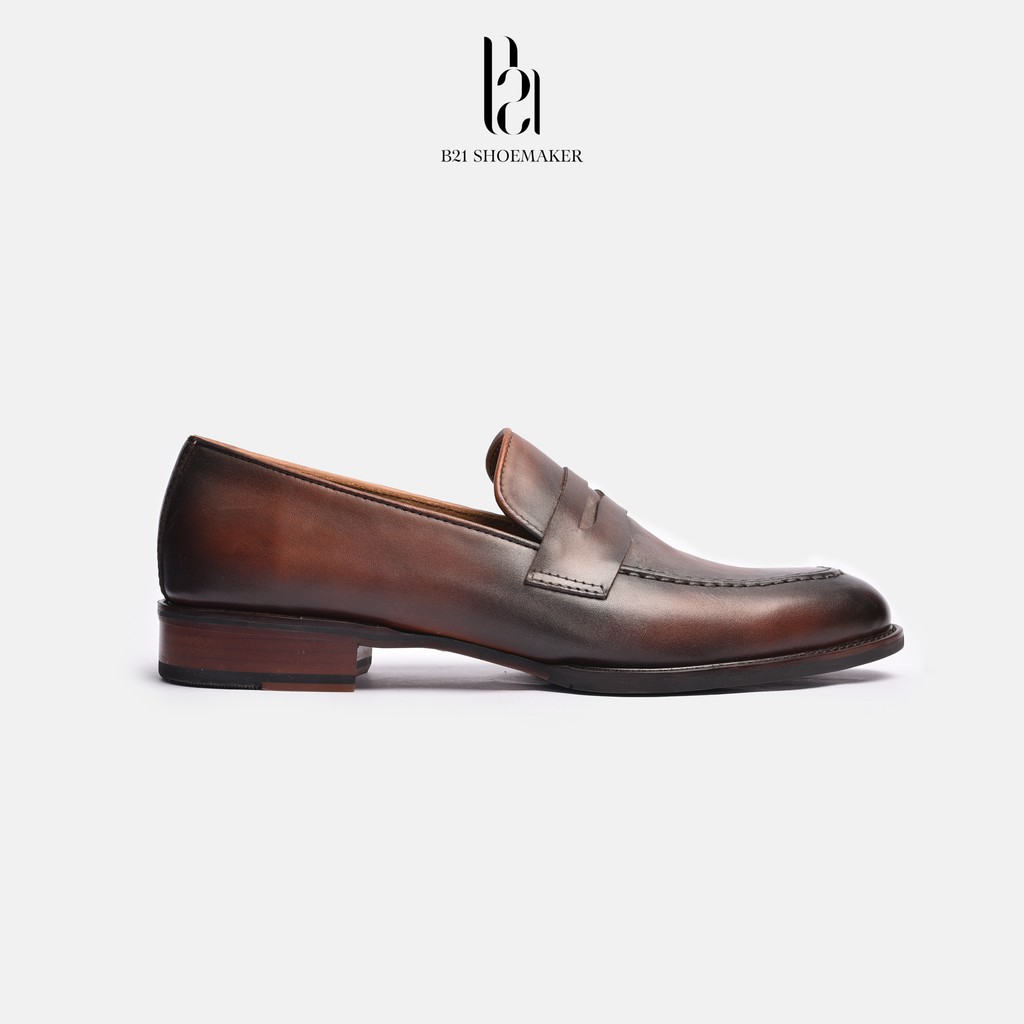 Giày Lười Loafer Da Bò Đánh Patina Đế Phíp Gỗ Lót Thoáng Khí 0,5cm Phong Cách CLASSIC Công Sở FULL BOX- B21 Shoemaker