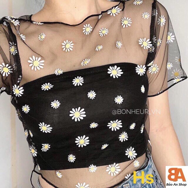 Áo lưới tay ngắn hoa kèm áo lót