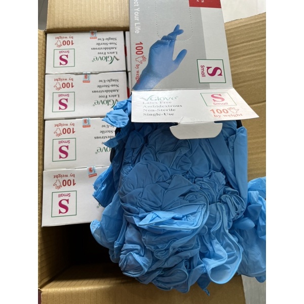 Găng tay y tế  khám bệnh Nitrile Vglove màu xanh , hộp 100 cái , size S L XL