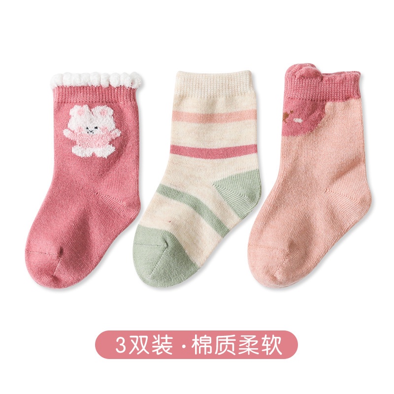 Set 3 đôi vớ len ấm áp KOKOROCARE YSZ-30 in họa tiết hoạt hình dễ thương thời trang thu đông cho bé gái 0-3 tuổi S/ M/ L