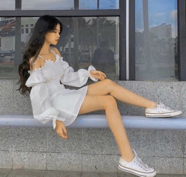 Đầm hai dây rớt vai tay bo trắng đen có mút ngực - Chang Dress(Có Ảnh Thật) | BigBuy360 - bigbuy360.vn