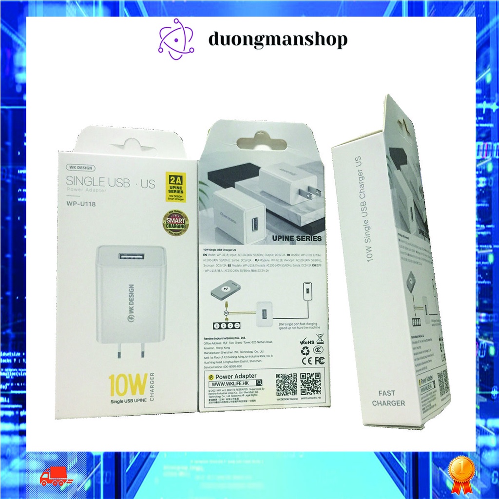 Củ sạc nhanh WK 10W WP- U118 chính hãng bảo hành 3 tháng siêu bền chống cháy duongmanshop