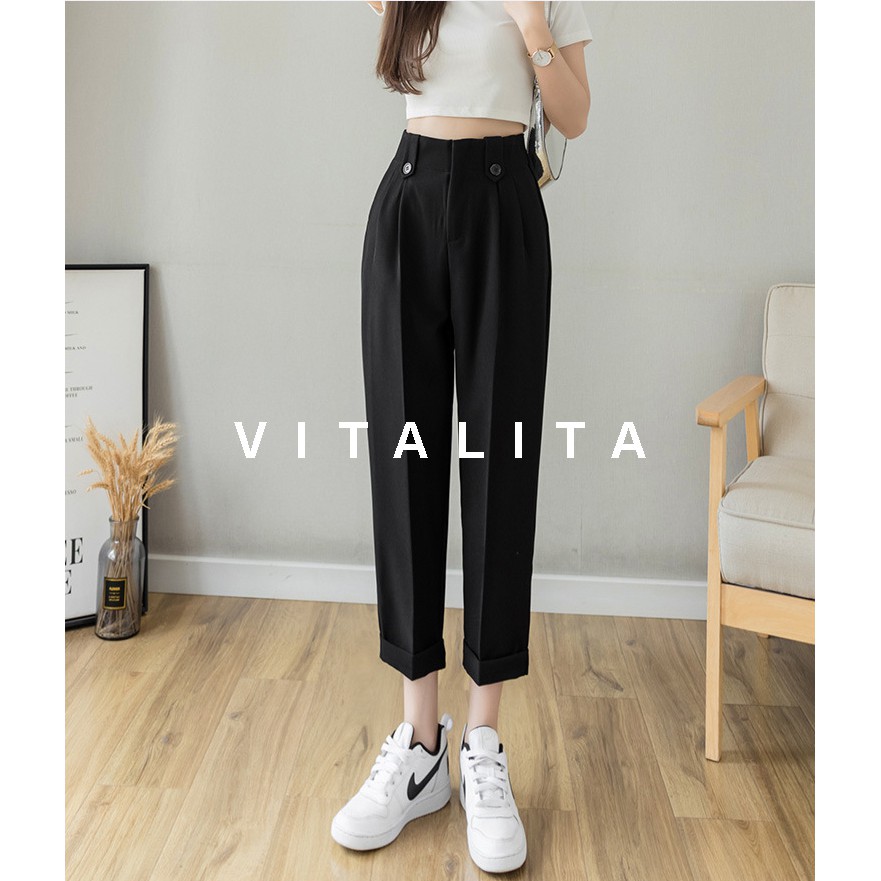 Quần Baggy nữ công sở xếp ly cạp liền phối 2 khuy màu Đen / Xanh ghi phối đồ mặc đi chơi đi làm cực xinh