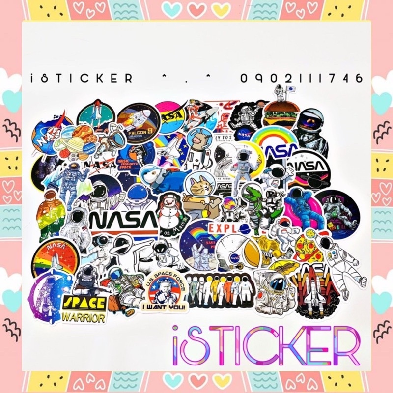 [Set 50 cái] Sticker NASA 01 chất liệu PVC nhám cao cấp chống thấm dán vali, laptop, mũ bảo hiểm, xe, điện thoại,...