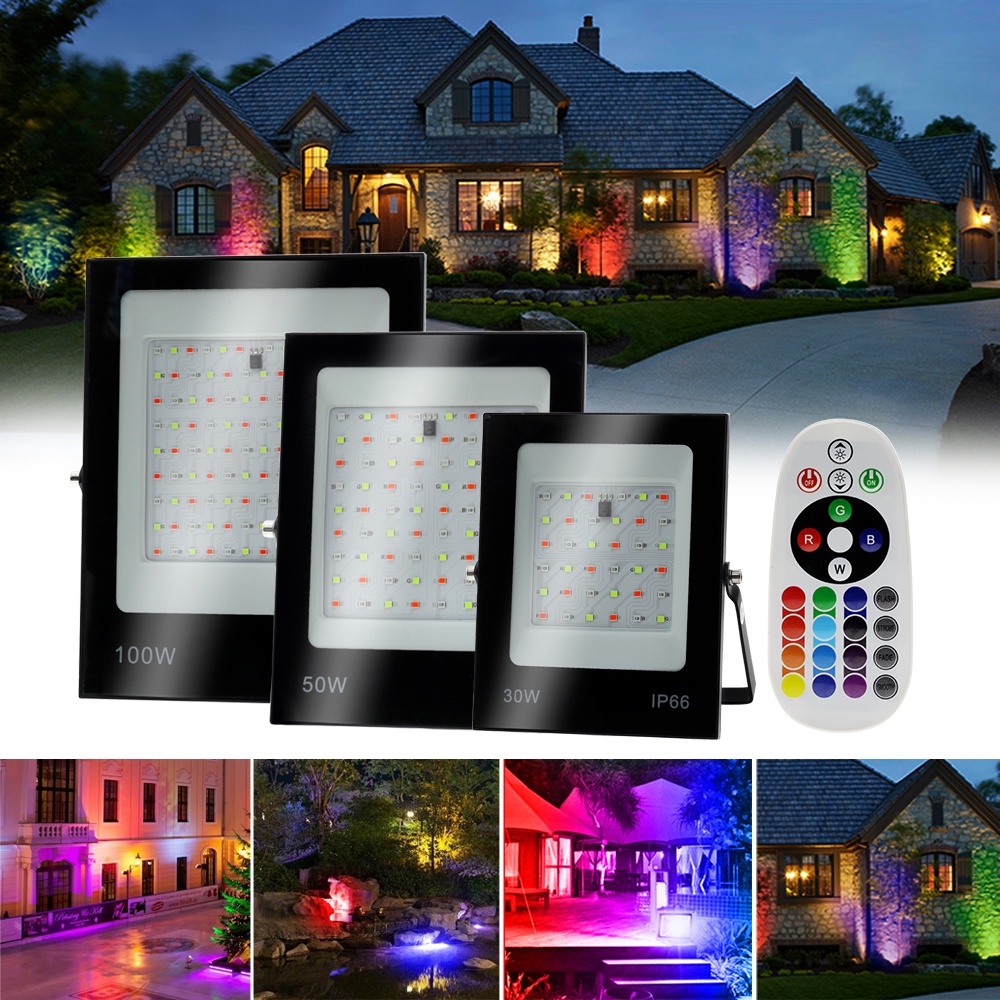 Đèn LED Chiếu Sáng Sân Khấu 30W 50W 100W 200W RGB 24 Phím IR Chống Thấm Nước IP66 Kèm Remote Điều Khiển