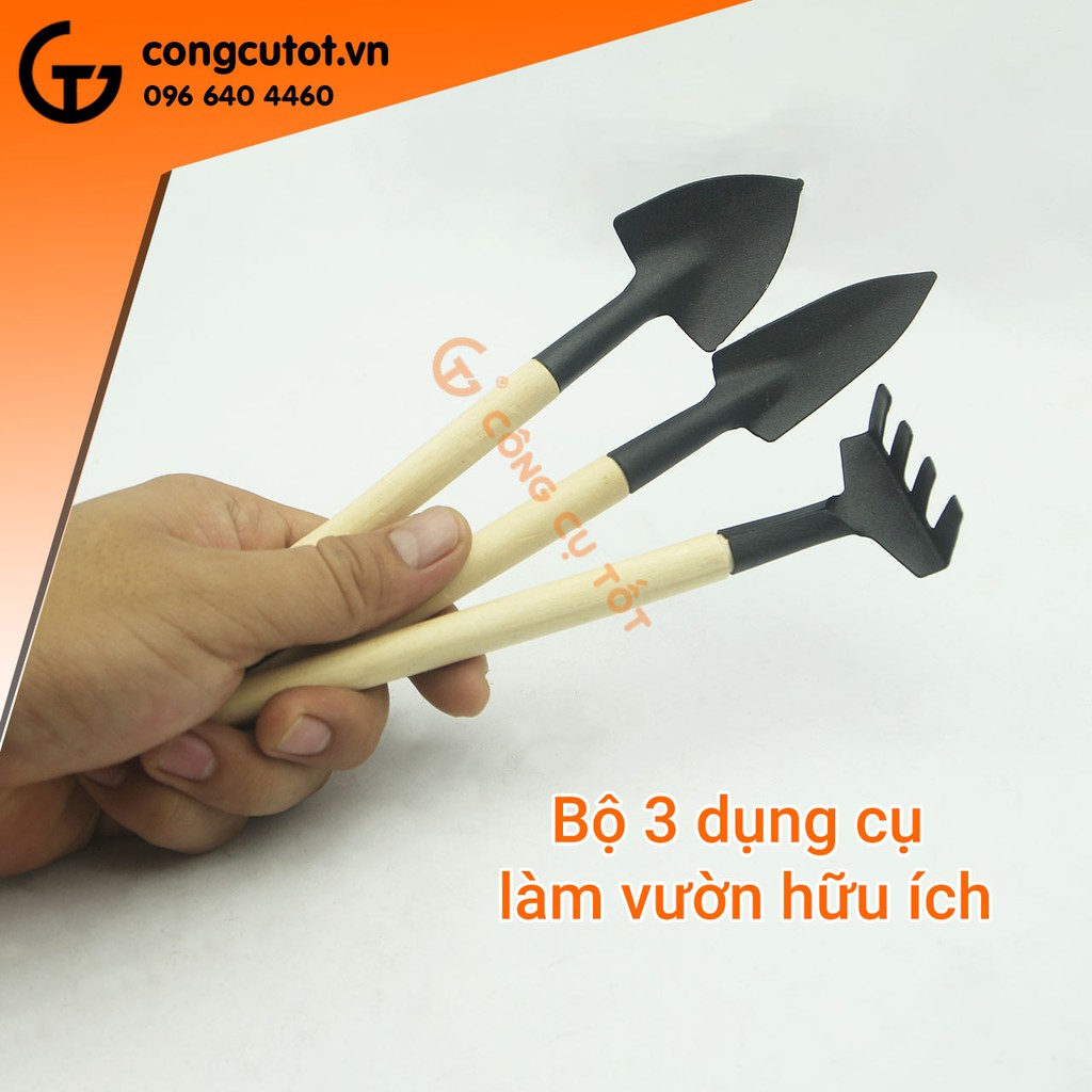 Bộ 3 dụng cụ trồng cây, xẻng làm bườn mini cán gỗ