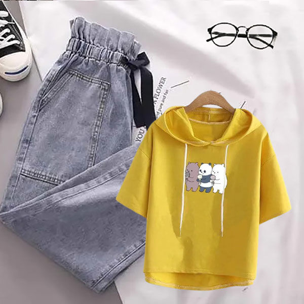 Set Áo Hoodie Lửng Ngắn Tay Có Mũ + Quần Short Jeans Lưng Cao Thời Trang Hàn Cho Nữ