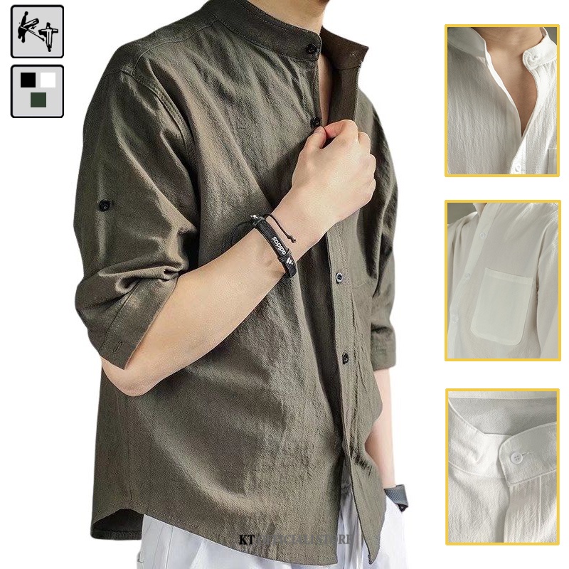 Áo sơ mi KT Kc102 bằng cotton lanh tay ngắn dáng rộng màu trơn phong cách Hàn Quốc cho nam size Size M-3XL