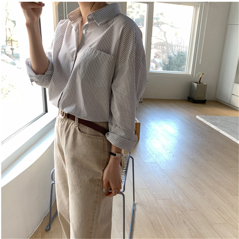 Áo sơ mi tay dài hoạ tiết kẻ sọc phong cách retro thời trang mùa thu dành cho nữ