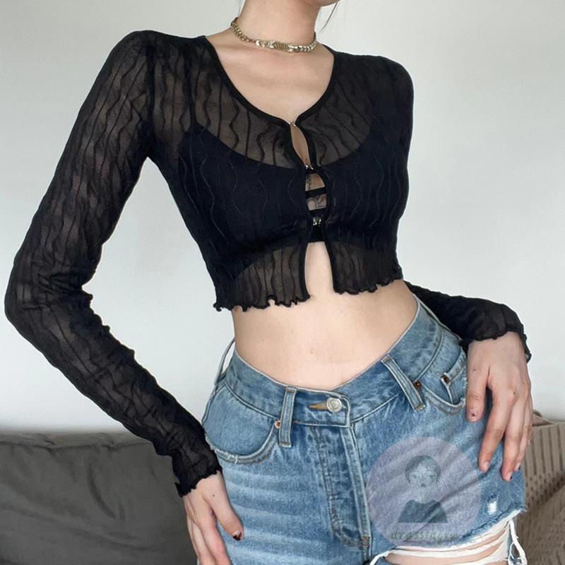 Áo Thun Tay Dài Dáng Ôm Màu Trơn Khóa Kim Loại Xuyên Thấu Cho Nữ