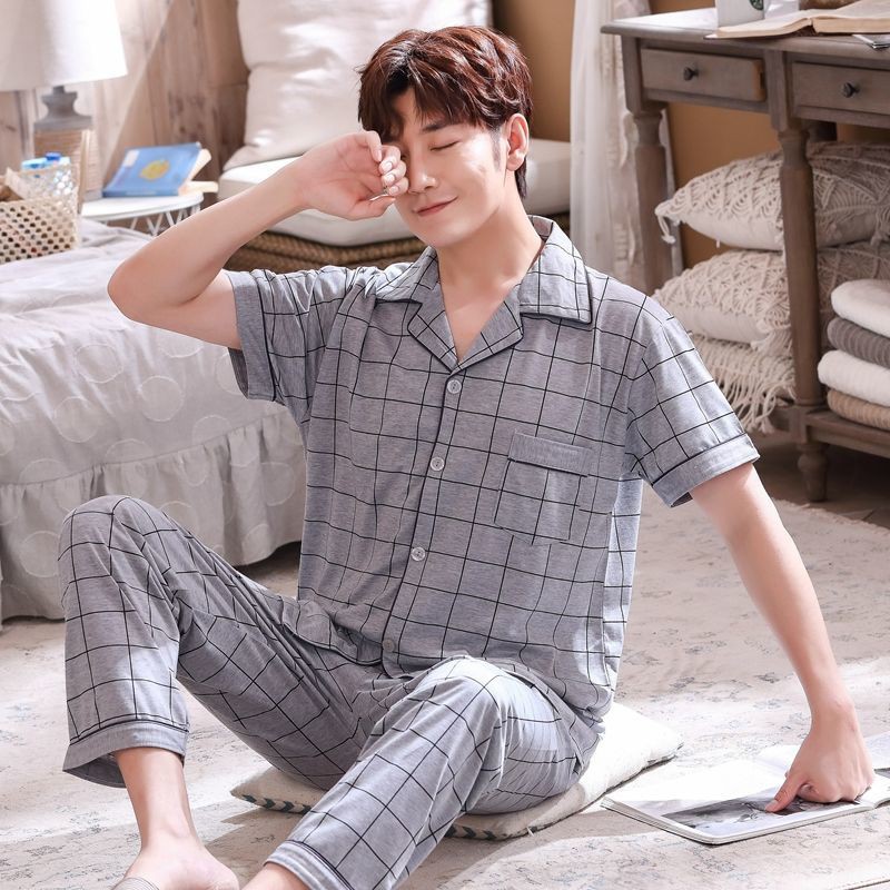 Người nổi tiếng trên Internet bán hàng trực tiếp tại nhà máypyjamas nam mùa hè mỏng ngắn tay cotton pyjama trung