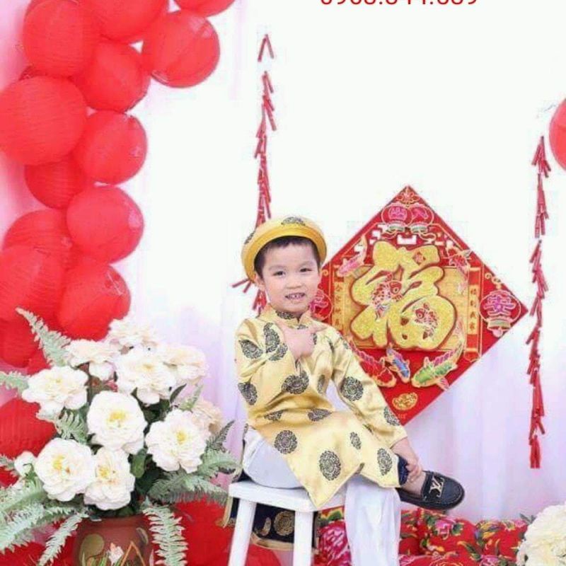 Áo dài truyền thống gấm thái tuấn màu vàng đồng và đỏ cho bé trai