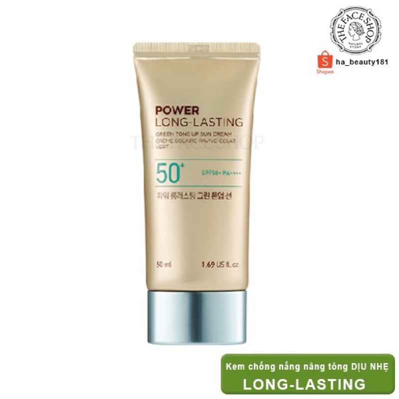 (AUTH_Korea)Kem Chống Nắng Nâng Tông Dịu Da POWER LONG LASTING GREEN Tone Up Sun Cream THE FACE SHOP 50ml