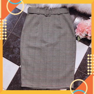 Ảnh thật - chân váy kèm belt sọc caro nhí