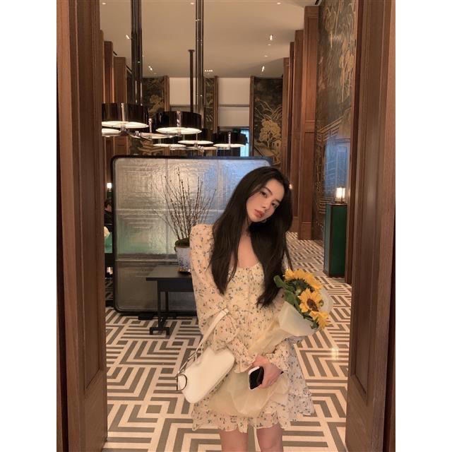 Đầm voan COZOKC cổ vuông in hoa xinh xắn thời trang cho nữ