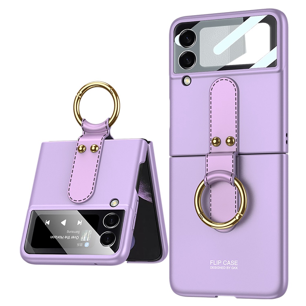 Ốp điện thoại nhựa cứng kính cường lực bề mặt nhám có vòng nhẫn đeo ngón tay cho Samsung Galaxy Z Flip 3