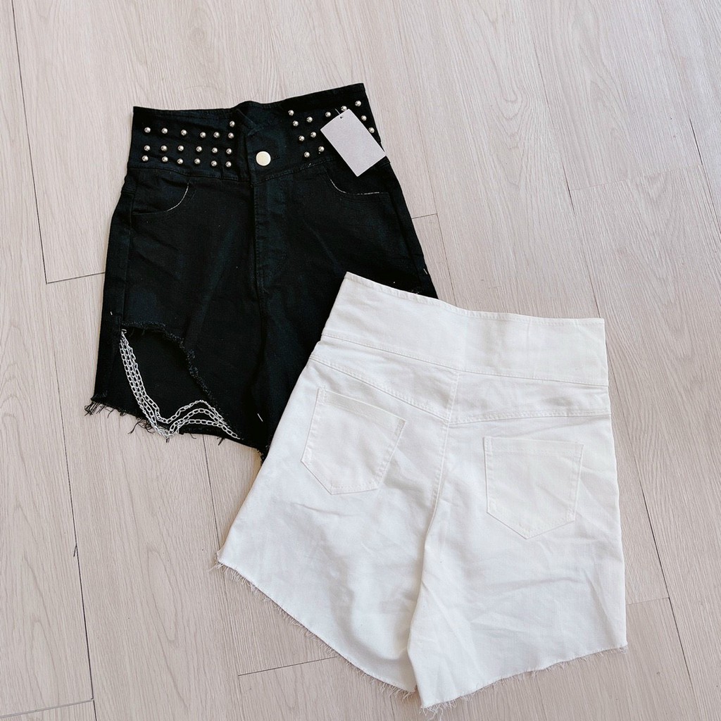 [Kèm video] Quần short kkai lưng cao lưng xẻ V đính cườm phối xích chất như nước cất