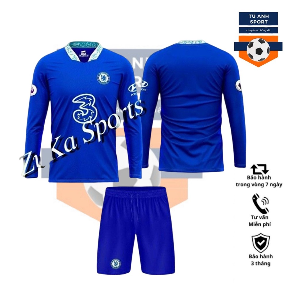 Bộ Quần Áo Bóng Đá Dài Tay Đội Chelsea Xanh Dương Thun Thái