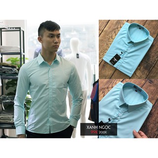 Áo sơ mi dài tay, vải lụa màu xanh ngọc