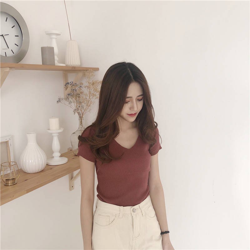 Áo Thun Dệt Kim, Len Gân Cổ Tim Vải Mêm Mịn Mát Thiết Kế Ôm Vừa Vặn Quyến Rũ - MSP T07