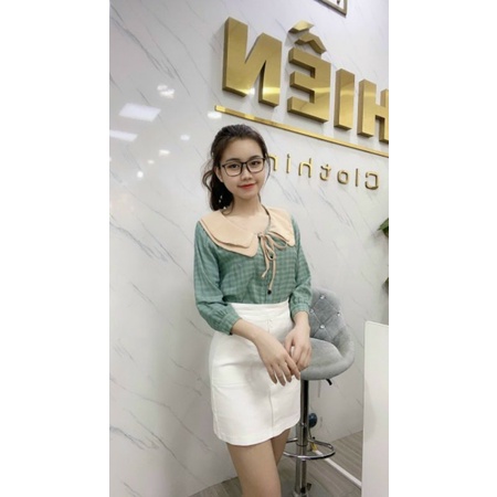 Áo sơ mi kẻ cổ sen nơ nhỏ nhiều màu chất thô mềm