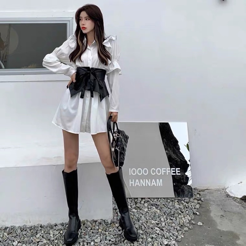 [Order + Ảnh thật] Váy Sơ Mi Dài Tay Bồng Thắt Eo Hot Trend