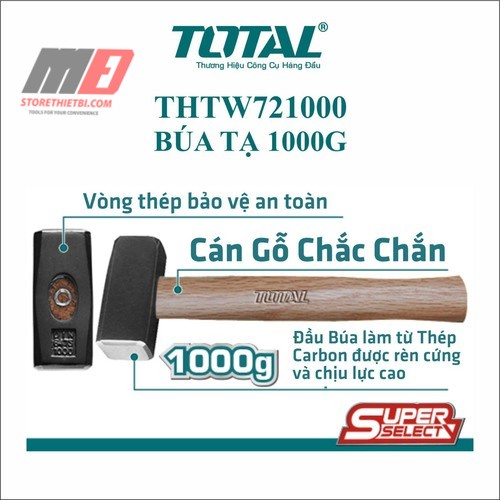THTW721000 Búa tạ cán gỗ Total 1000g chất liệu thép carbon 45#, chịu nhiệt, tay cầm gỗ cứng cố định keo vĩnh