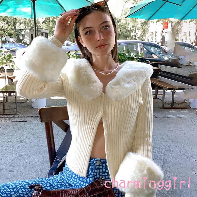 Áo Khoác Cardigan Cổ Chữ V Dáng Ôm Tay Dài Cổ Đính Lông Thú Giả Cài Khuy Thời Trang Thường Ngày Cho Phụ Nữ