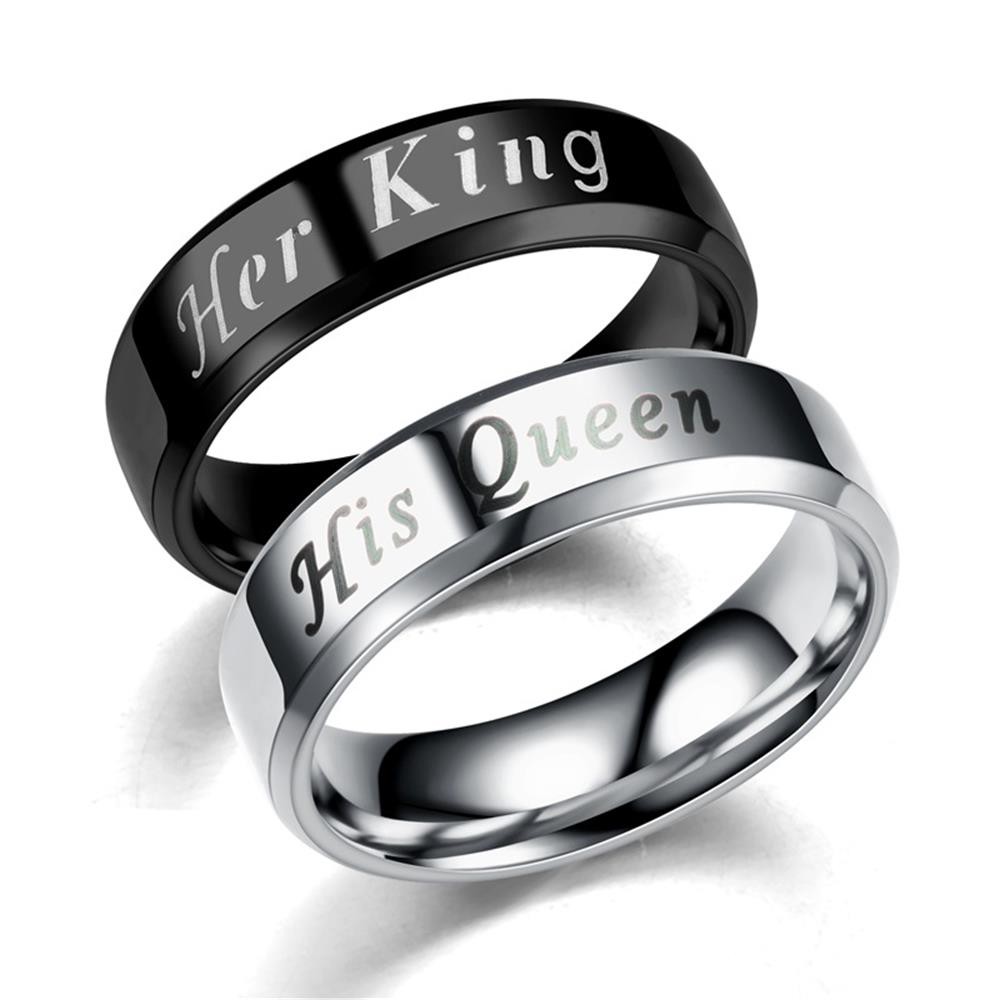 Nhẫn Khắc Chữ His Queen / Her King Bằng Thép Không Gỉ Cho Cặp Đôi