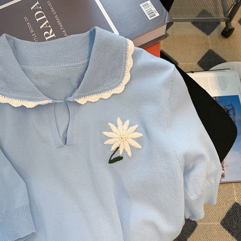 Áo Sweater Dệt Kim Tay Ngắn Cổ Búp Bê Thêu Hình Hoa Cúc Màu Xanh Dương Thời Trang Mùa Xuân Hàng Mới Dành Cho Bạn Nữ