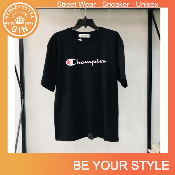 Áo thun champion Đen chữ thêu Unisex (gin store )