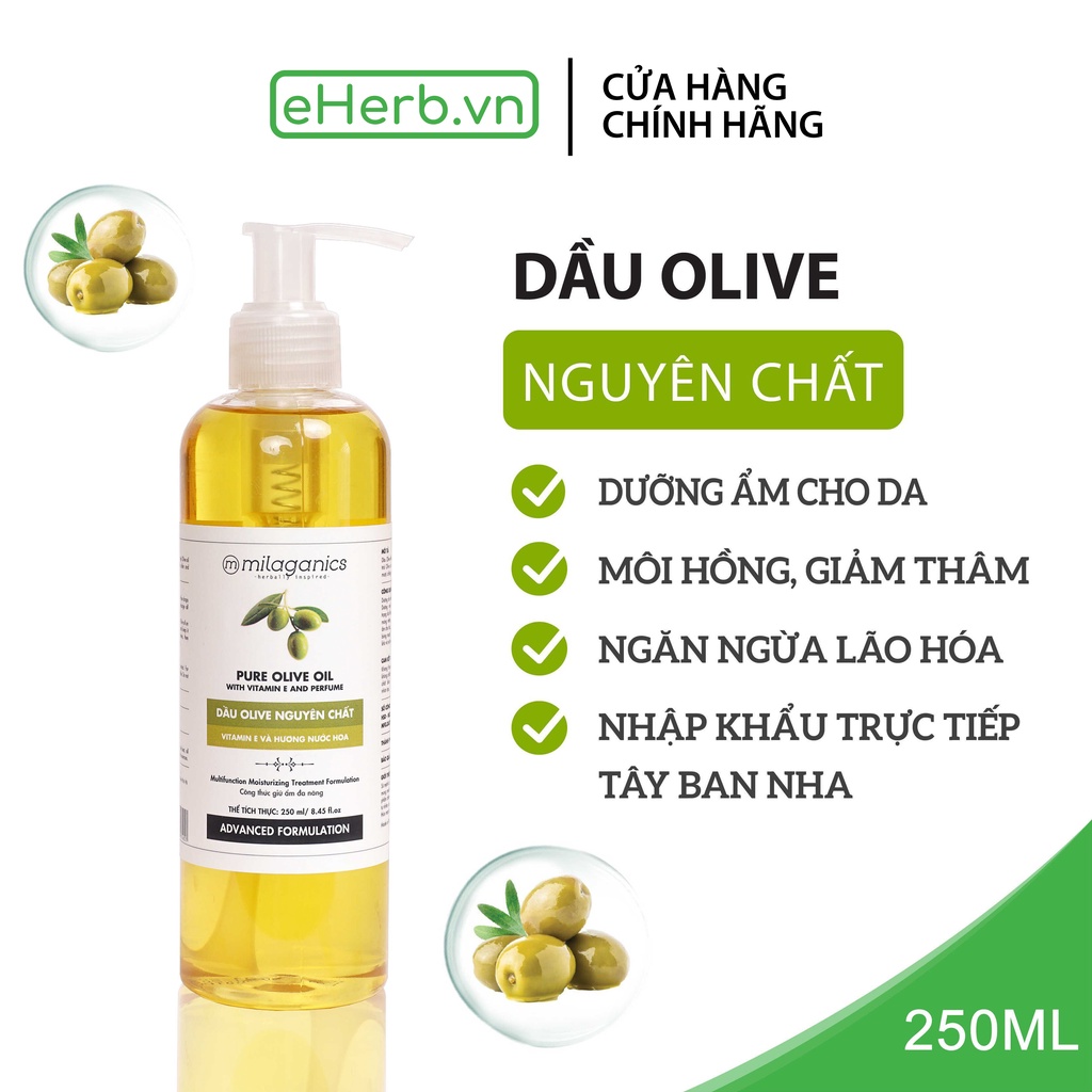 Dầu oliu nguyên chất extra virgin làm đẹp dưỡng da, dưỡng tóc, dưỡng môi MILAGANICS 250ml