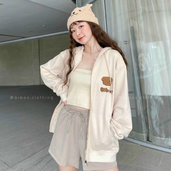Áo Khoác Hoodie Nỉ Bông Gấu BIBOO Khoác Zip Form Rộng Unisex Nam Nữ Ulzzang | BigBuy360 - bigbuy360.vn